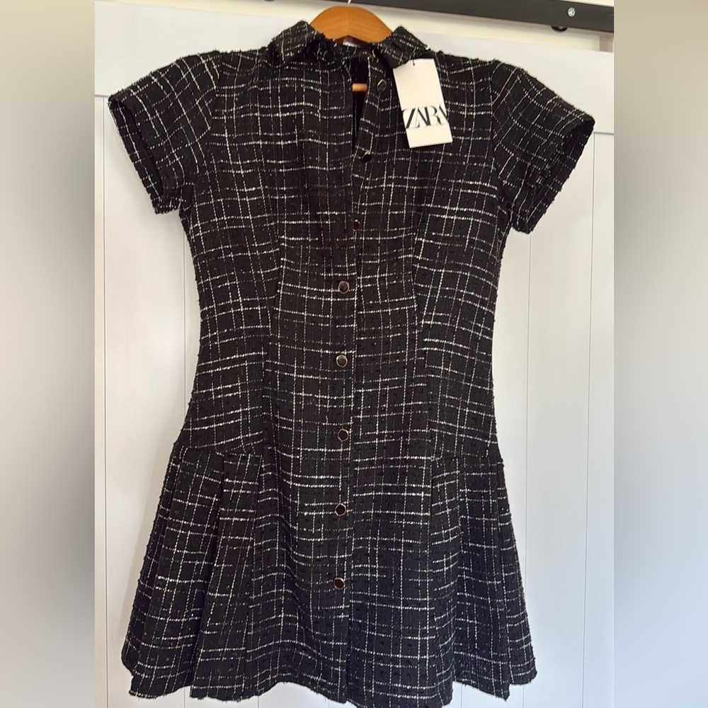 Zara Black Plaid Sheath Polo Collar Mini Dress
